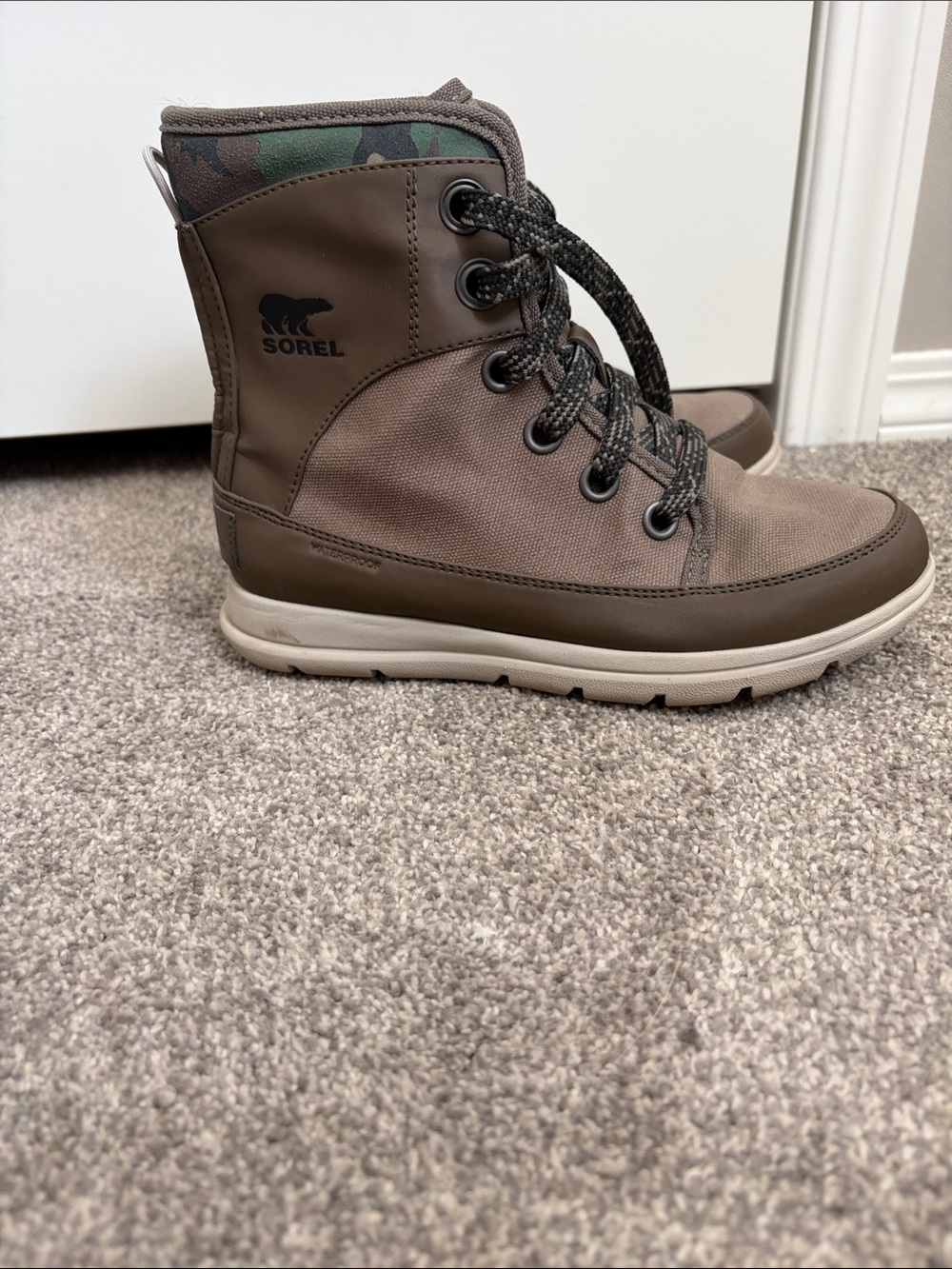 Sorel Women’s Brown and Tan Lace-Up Waterproof Boot with Camo Collar
